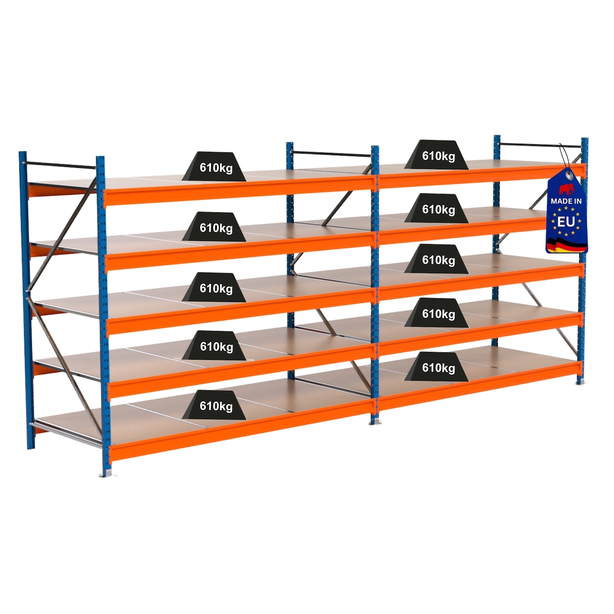 PROREGAL Industrie Schwerlastregal MAXIMUS PRO, Komplettregal, HxBxT 200x450x100cm, 5 Ebenen, Spanplatten-Fachboden, Fachlast 610 kg, Blau/Orange Image