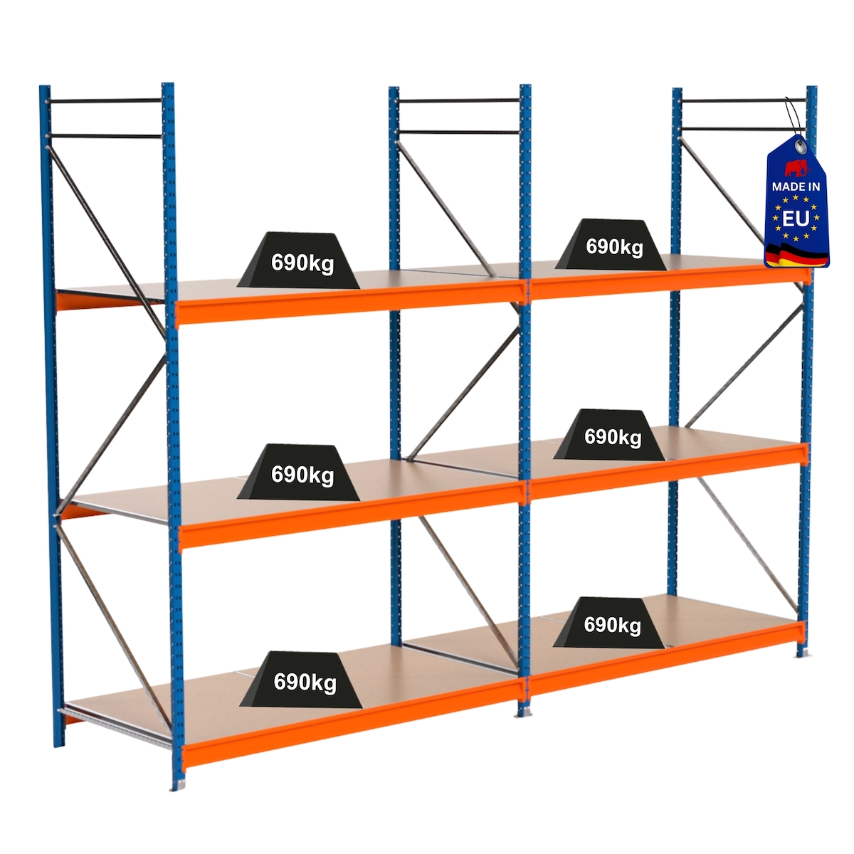 PROREGAL Industrie Schwerlastregal MAXIMUS PRO, Komplettregal, HxBxT 300x400x100cm, 3 Ebenen, Spanplatten-Fachboden, Fachlast 690 kg, Blau/Orange Image