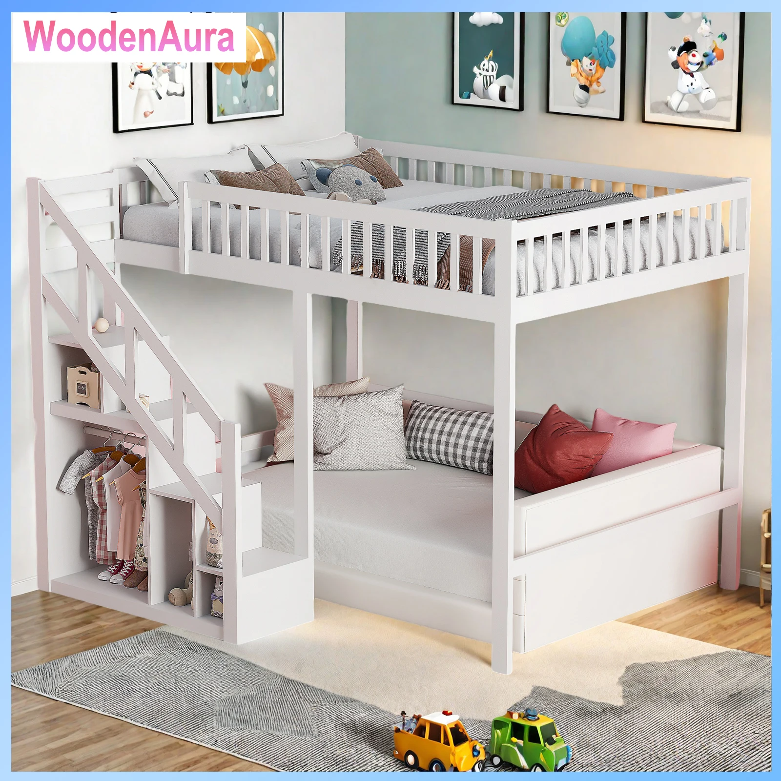 Kinderbett 140 x 200 cm, mit Leiter und Geländer, Massivholz, Doppelbett, Einzelbett, Bettgestell, weiß Image