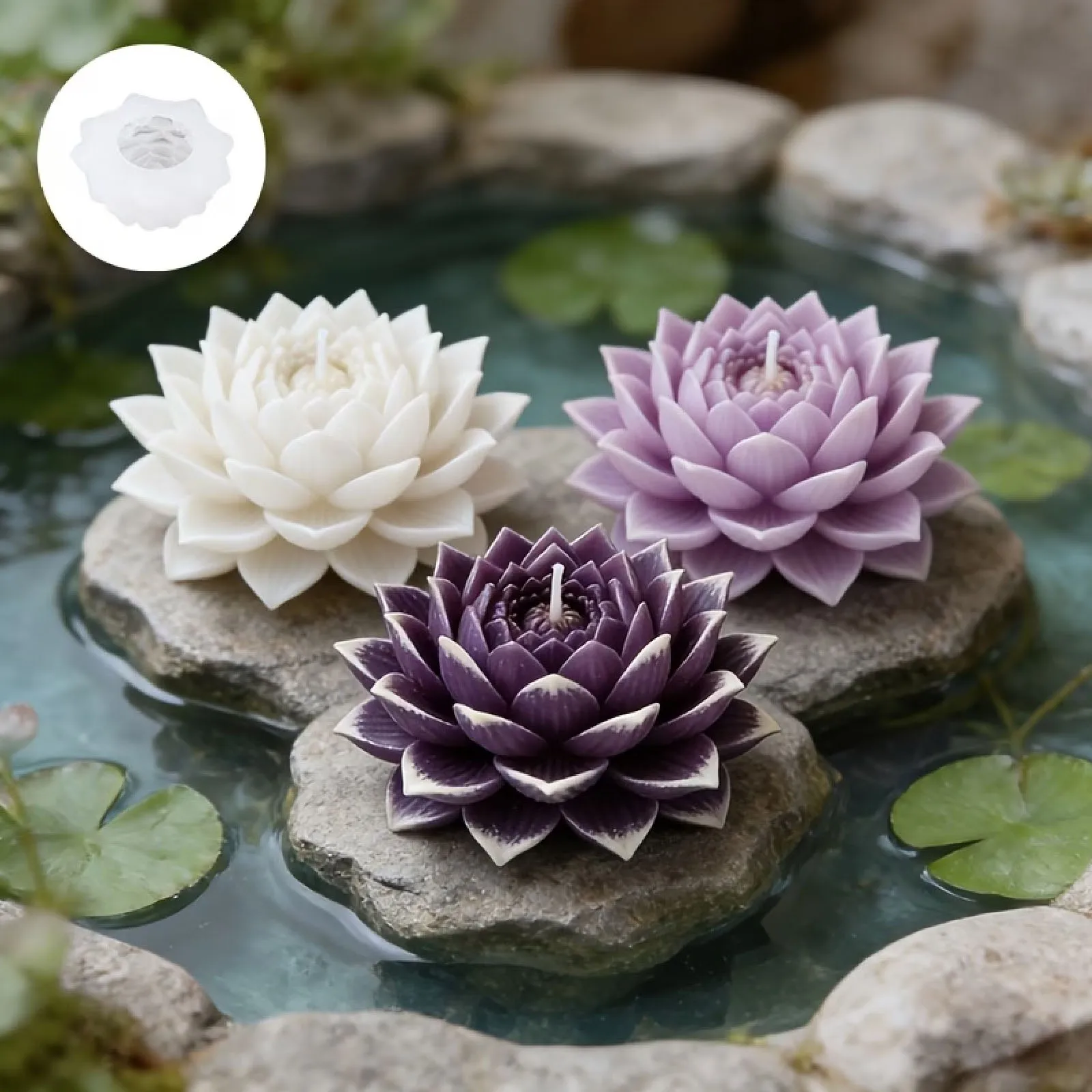 Exquisite Lotus-Kerzenform mit geschichteten Blütenblättern für einfaches Entformen. Geeignet für Kerzen, Harz- und Gipsarbeiten. Perfekt als Image