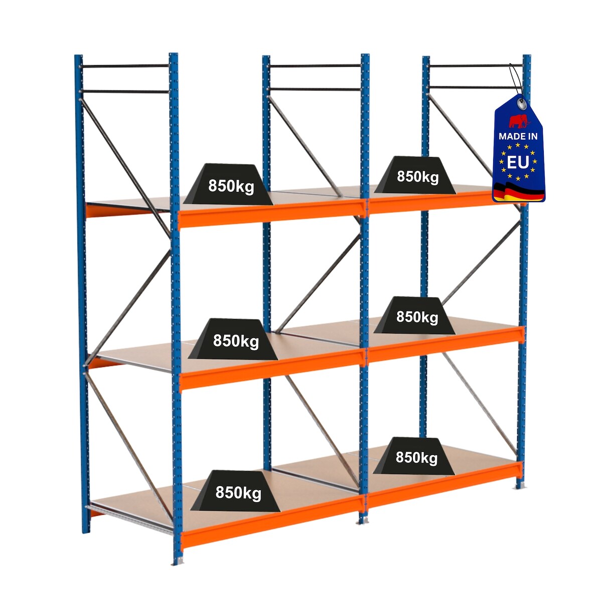 PROREGAL Industrie Schwerlastregal MAXIMUS PRO, Komplettregal, HxBxT 300x300x100cm, 3 Ebenen, Spanplatten-Fachboden, Fachlast 850 kg, Blau/Orange Image