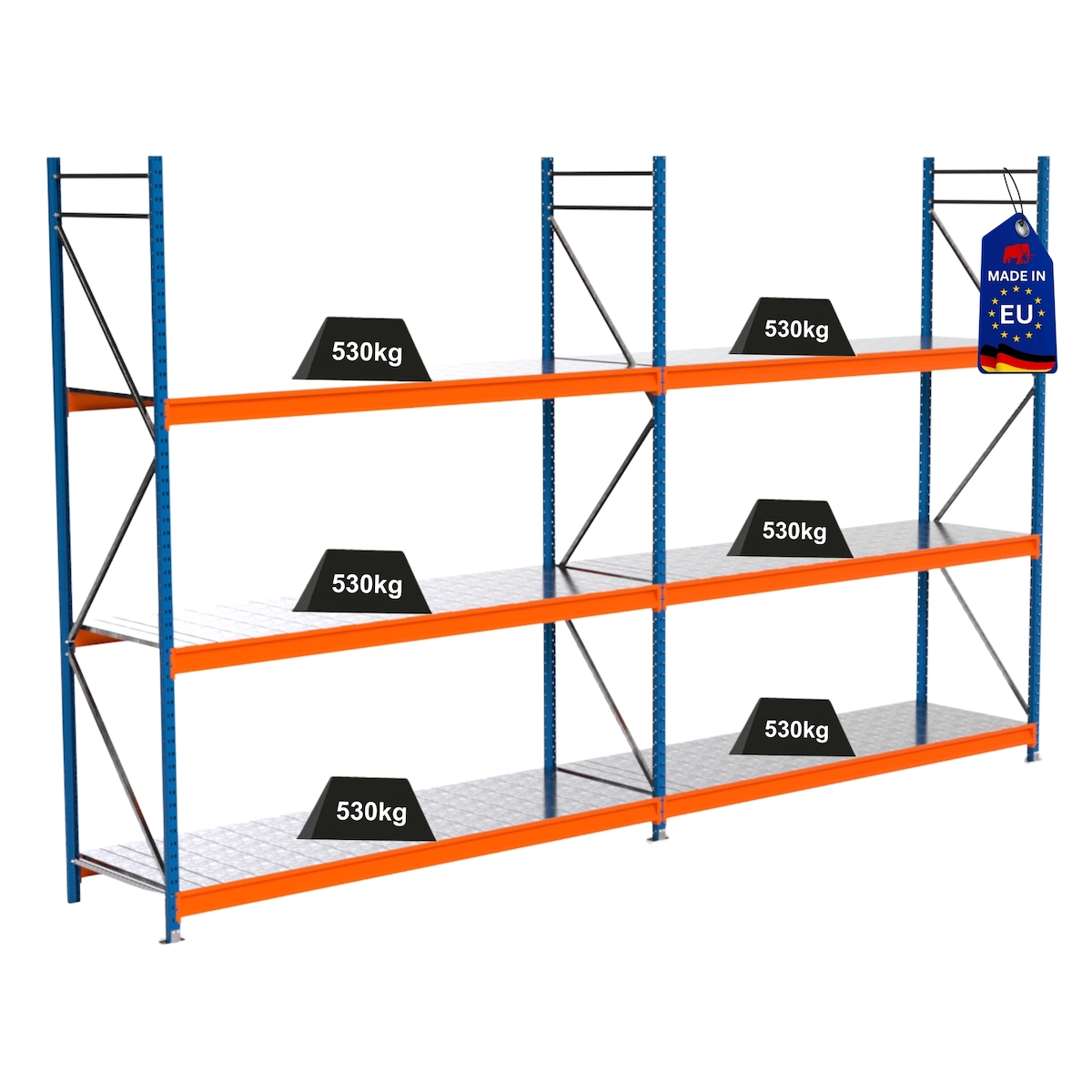 PROREGAL Industrie Schwerlastregal MAXIMUS PRO, Komplettregal, HxBxT 300x500x80cm, 3 Ebenen, Stahlplatten-Fachboden, Fachlast 530 kg, Blau/Orange Image