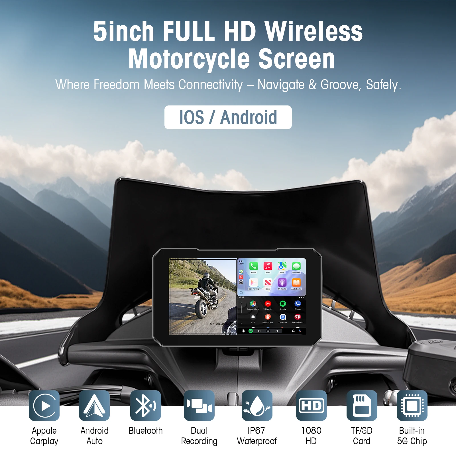 5-Zoll-IP67 wasserdichter Motorrad-Touch-HD-Bildschirm mit kabellosem CarPlay Android Auto Dual-Kamera-Recorder, schnelle Boot-Navigation Image