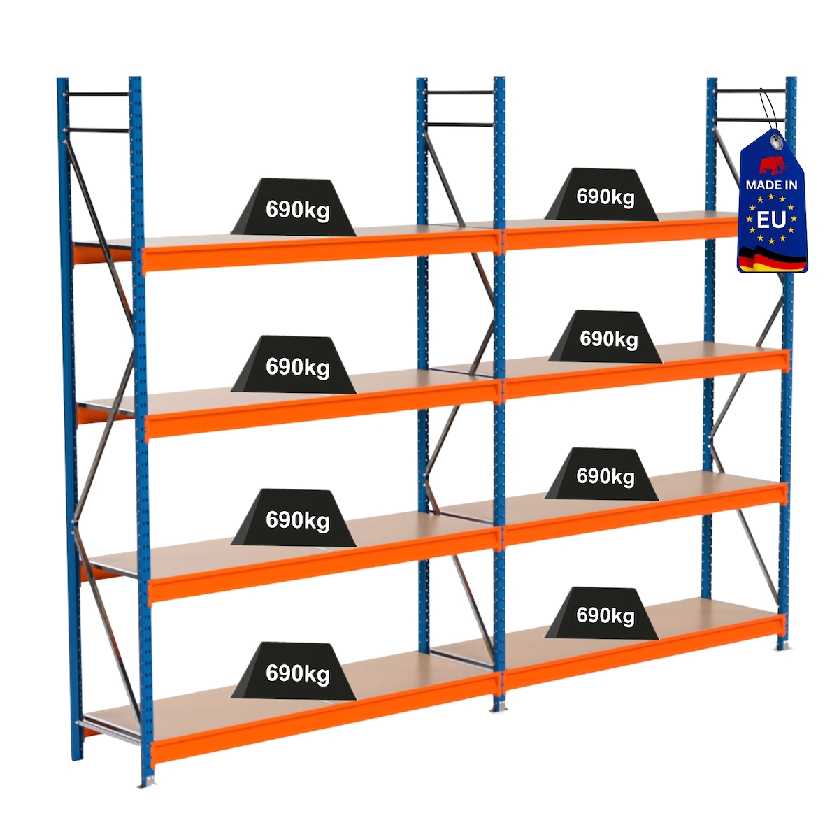 PROREGAL Industrie Schwerlastregal MAXIMUS PRO, Komplettregal, HxBxT 300x400x60cm, 4 Ebenen, Spanplatten-Fachboden, Fachlast 690 kg, Blau/Orange Image