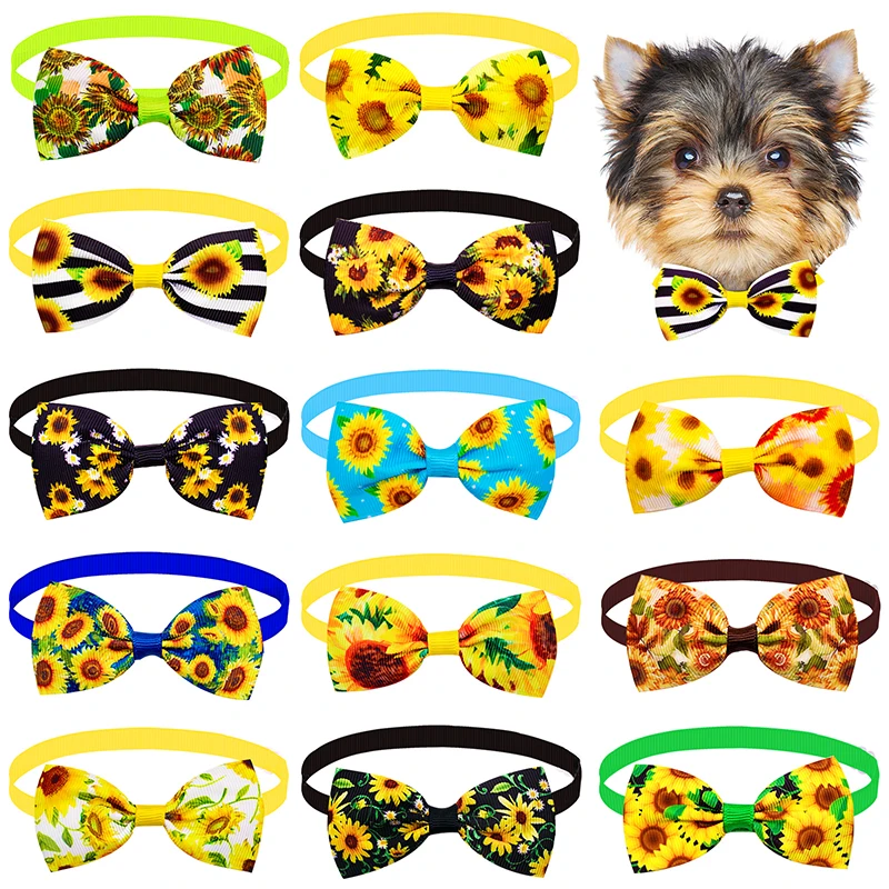 Hund Bögen 10PCS Hund Sonnenblumen Bogen Handgemachte Einstellbare Bowties Für Hunde Welpen Fliege Haustier Kragen Krawatten Hundesalon zubehör Image