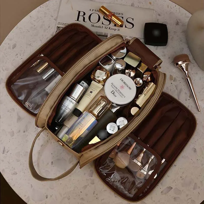 Borse cosmetiche da viaggio portatili di grande capacità borsa con Zip in pelle per cosmetici per lo stoccaggio in movimento eco-friendly