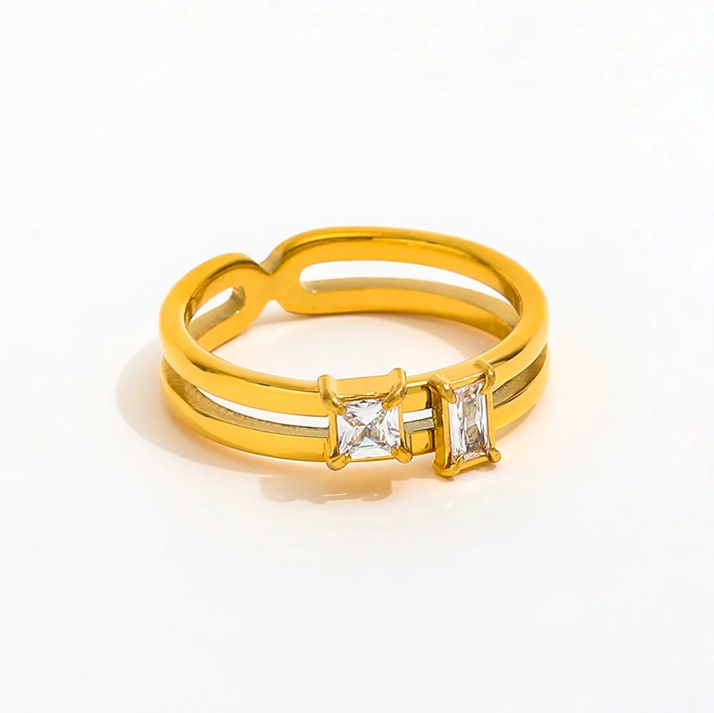 Joolim gioielli all'ingrosso 18K placcato oro rettangolo quadrato zircone in acciaio inox a doppio strato linee cavo anello per le donne regalo