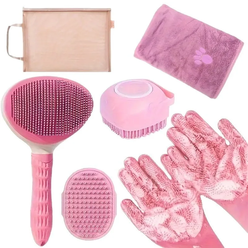 6 pz Kit spazzola da bagno per cani per gatti asciugamano guanti per pulire i capelli spazzola per spargimento Shampoo Scrubber per toelettatura animali