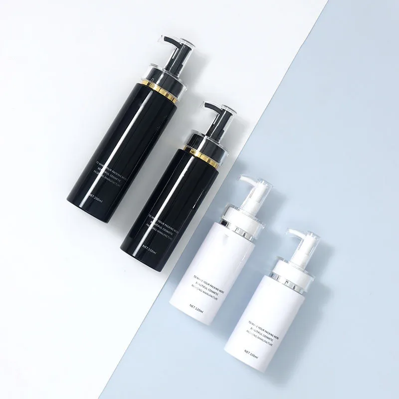 Commercio all'ingrosso 100ml 120ml 150ml 200ml di lusso di lusso rotondo PET PET bottiglia con la testa di pompa in oro bottiglia di Shampoo bottiglia di Gel doccia