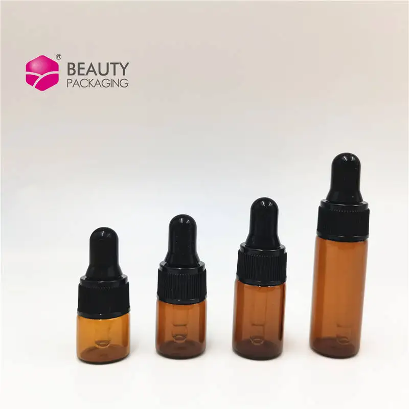 1ml 2ml 3 ml 3 Ml 4ml 5ml siero di olio essenziale ambra trasparente dimensioni del campione Mini flacone contagocce in vetro con tappo nero contagocce rosa oro