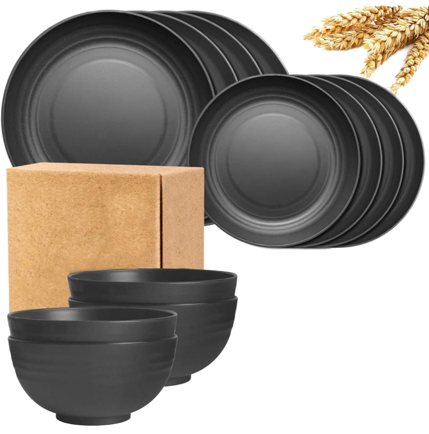 Set di 16 Pezzi Moderno e Portatile in Paglia di Grano: Bicchieri Piatti e Ciotole in Plastica Bianca e Nera con Motivo Frutta - Set di Stoviglie Disponibili