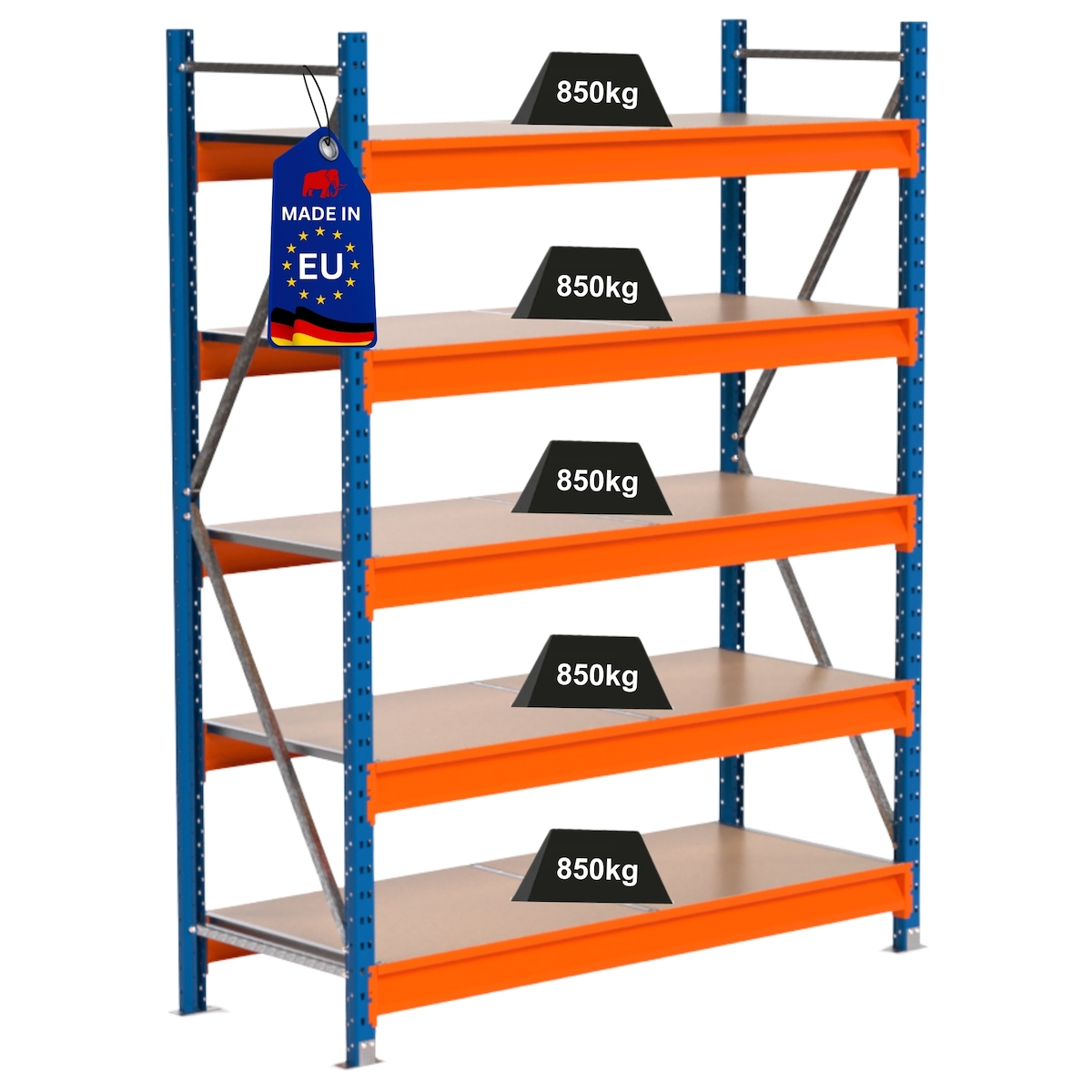 Proregal Industrie Weitspannregal Lagerregal MAXIMUS PRO | Grundregal | HxBxT 200x150x60cm | 5 Ebenen | Spanplatten-Fachboden | Fachlast 850 kg | Blau/Orange Image