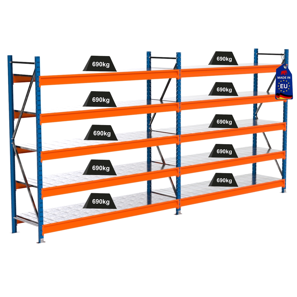 PROREGAL Industrie Schwerlastregal MAXIMUS PRO, Komplettregal, HxBxT 200x400x60cm, 5 Ebenen, Stahlplatten-Fachboden, Fachlast 690 kg, Blau/Orange Image