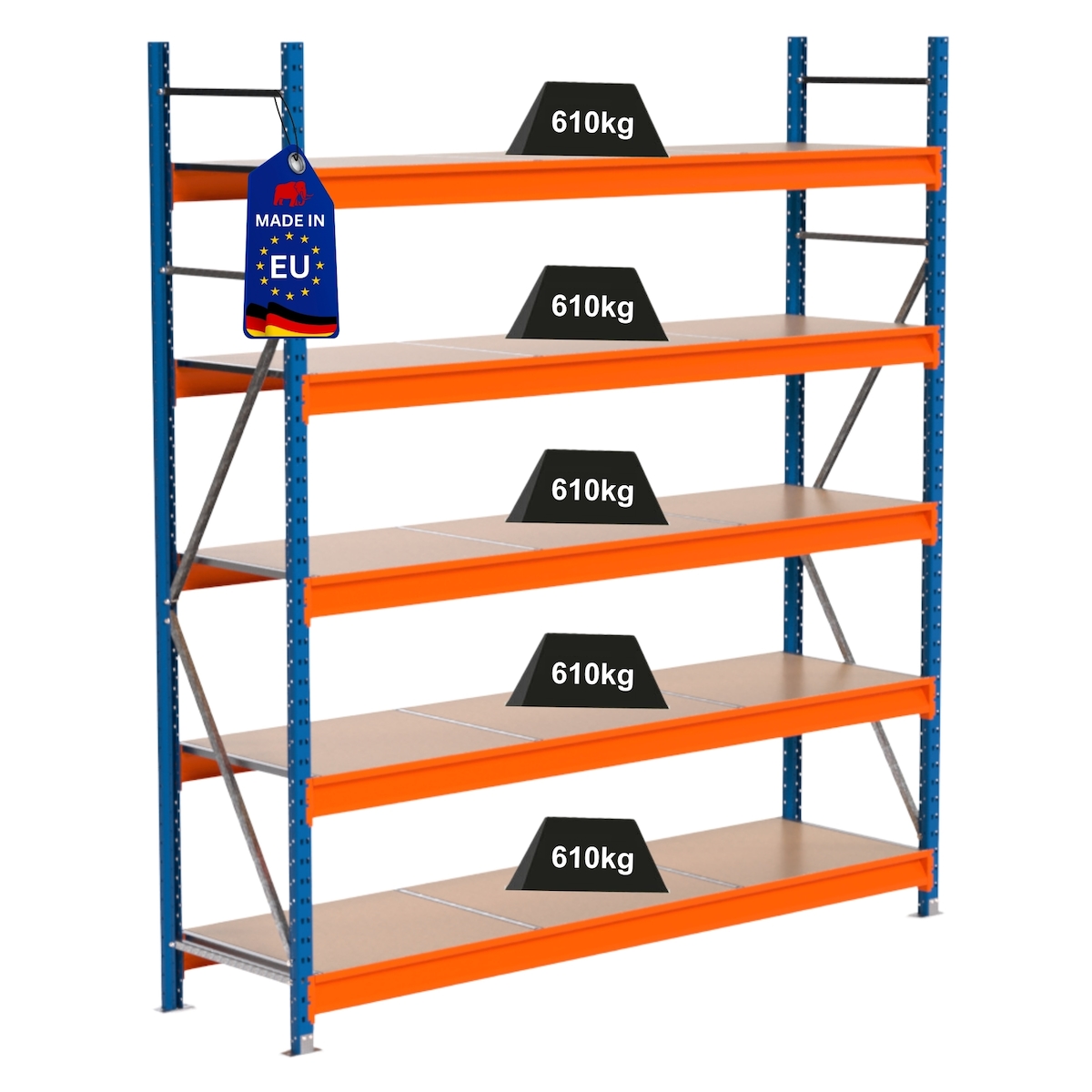 PROREGAL Industrie Schwerlastregal MAXIMUS PRO, Grundregal, HxBxT 250x225x60cm, 5 Ebenen, Spanplatten-Fachboden, Fachlast 610 kg, Blau/Orange Image