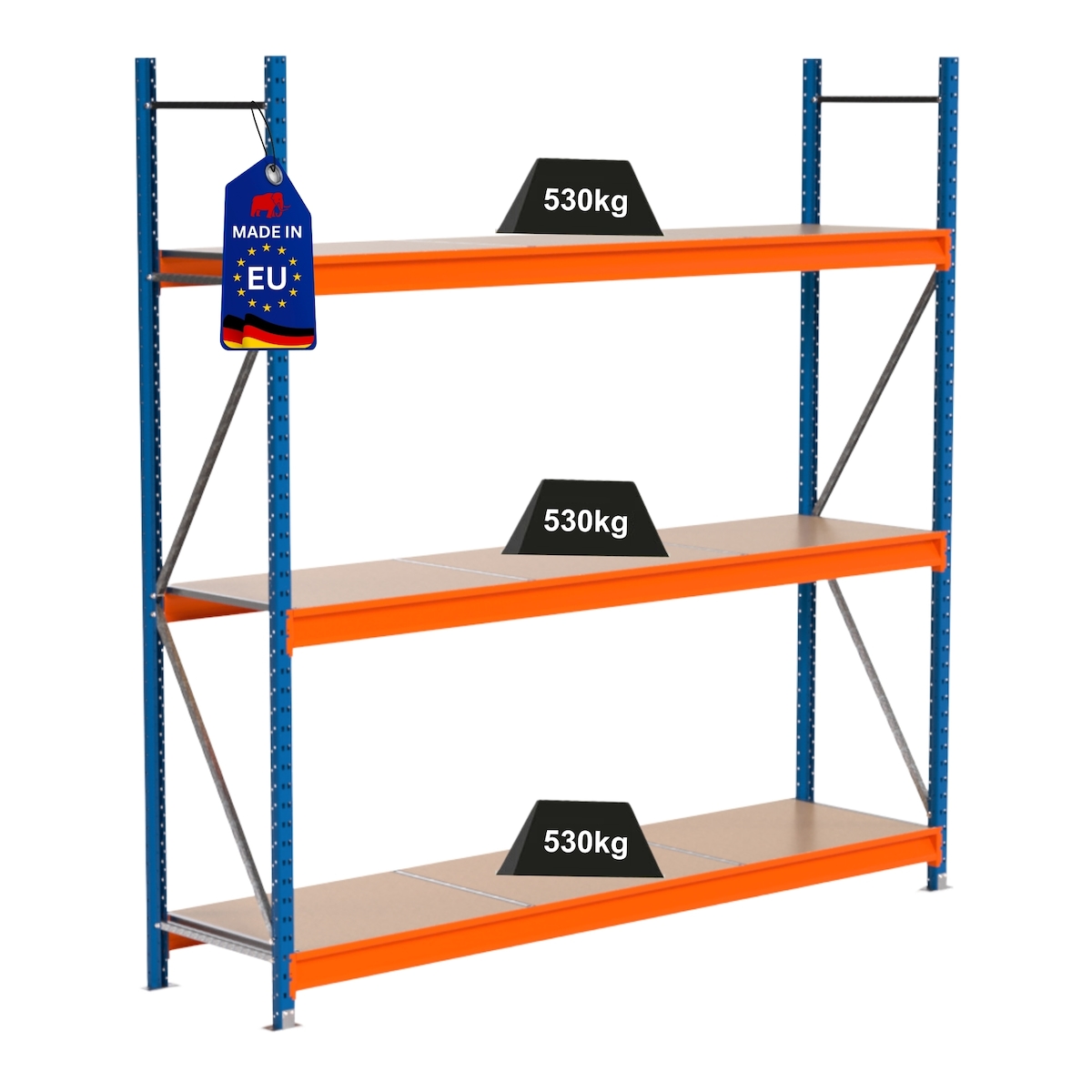 Proregal Industrie Weitspannregal Lagerregal MAXIMUS PRO | Grundregal | HxBxT 250x250x60cm | 3 Ebenen | Spanplatten-Fachboden | Fachlast 530 kg | Blau/Orange Image