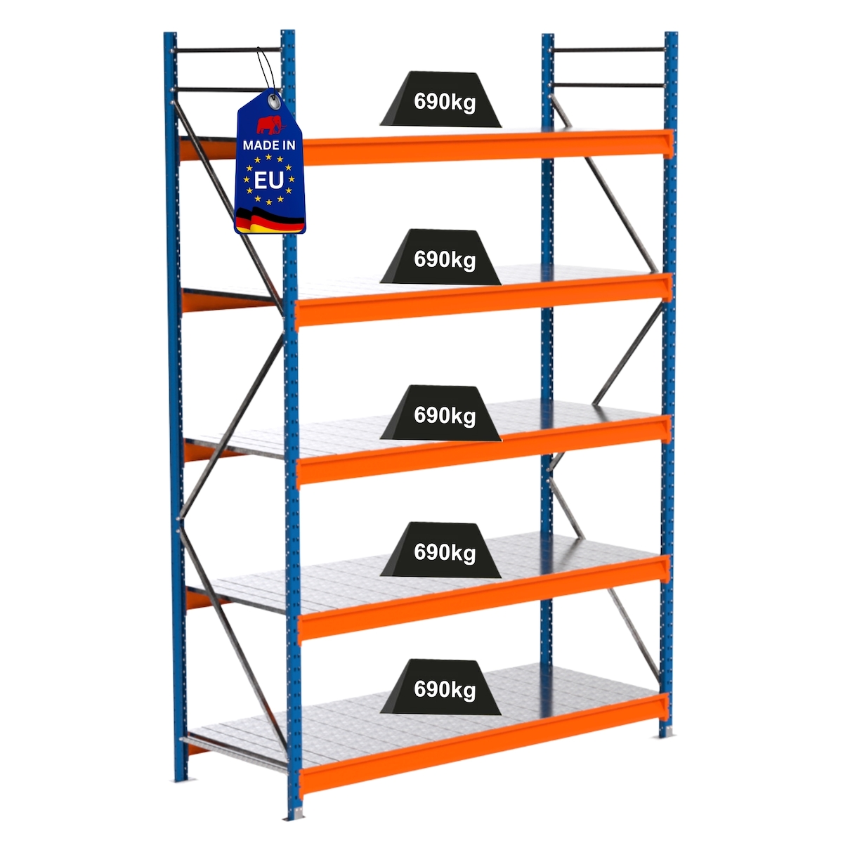 Proregal Industrie Weitspannregal Lagerregal MAXIMUS PRO | Grundregal | HxBxT 300x200x80cm | 5 Ebenen | Stahlplatten-Fachboden | Fachlast 690 kg | Blau/Orange Image