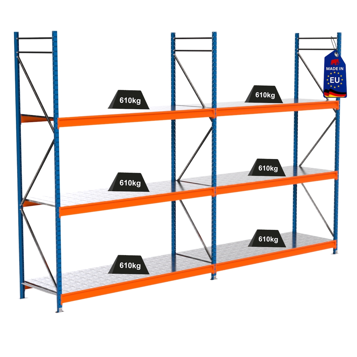 PROREGAL Industrie Schwerlastregal MAXIMUS PRO, Komplettregal, HxBxT 300x450x80cm, 3 Ebenen, Stahlplatten-Fachboden, Fachlast 610 kg, Blau/Orange Image