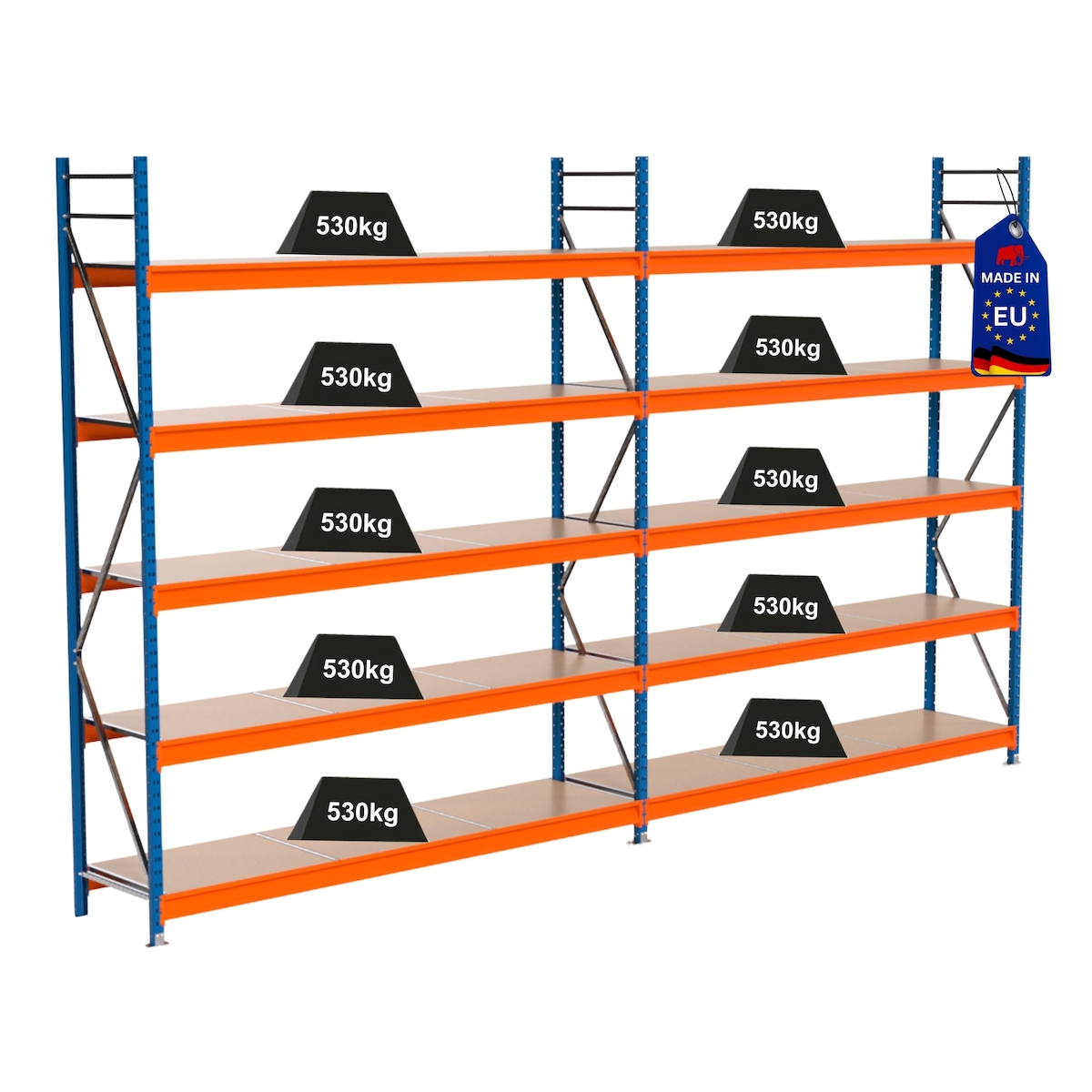 PROREGAL Industrie Schwerlastregal MAXIMUS PRO, Komplettregal, HxBxT 300x500x60cm, 5 Ebenen, Spanplatten-Fachboden, Fachlast 530 kg, Blau/Orange Image