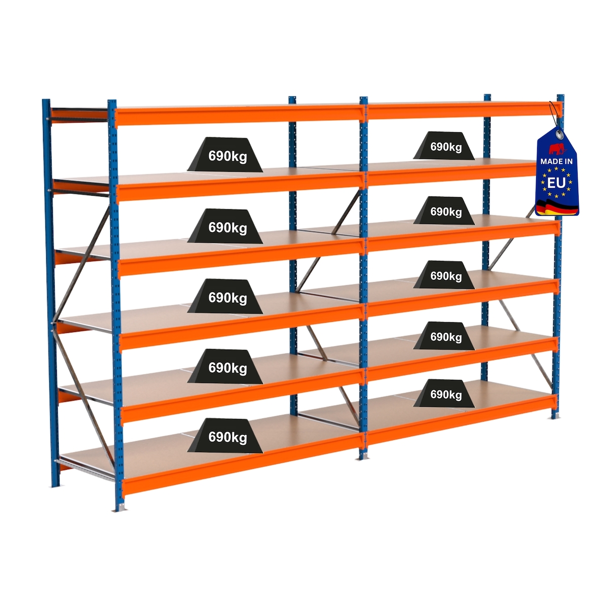 PROREGAL Industrie Schwerlastregal MAXIMUS PRO, Komplettregal, HxBxT 250x400x80cm, 6 Ebenen, Spanplatten-Fachboden, Fachlast 690 kg, Blau/Orange Image