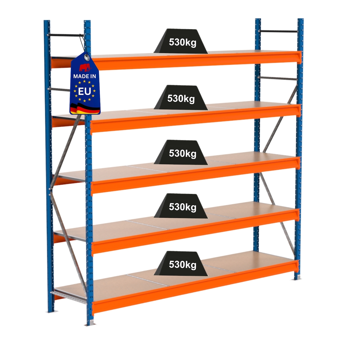 PROREGAL Industrie Schwerlastregal MAXIMUS PRO, Grundregal, HxBxT 250x250x60cm, 5 Ebenen, Spanplatten-Fachboden, Fachlast 530 kg, Blau/Orange Image