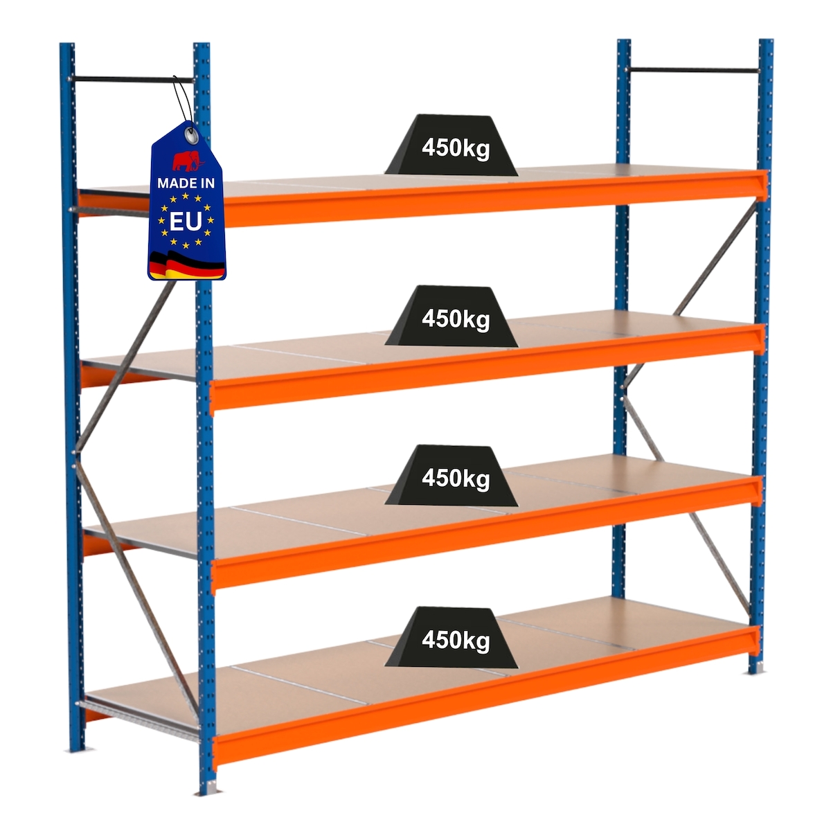 PROREGAL Industrie Schwerlastregal MAXIMUS PRO, Grundregal, HxBxT 250x275x80cm, 4 Ebenen, Spanplatten-Fachboden, Fachlast 450 kg, Blau/Orange Image
