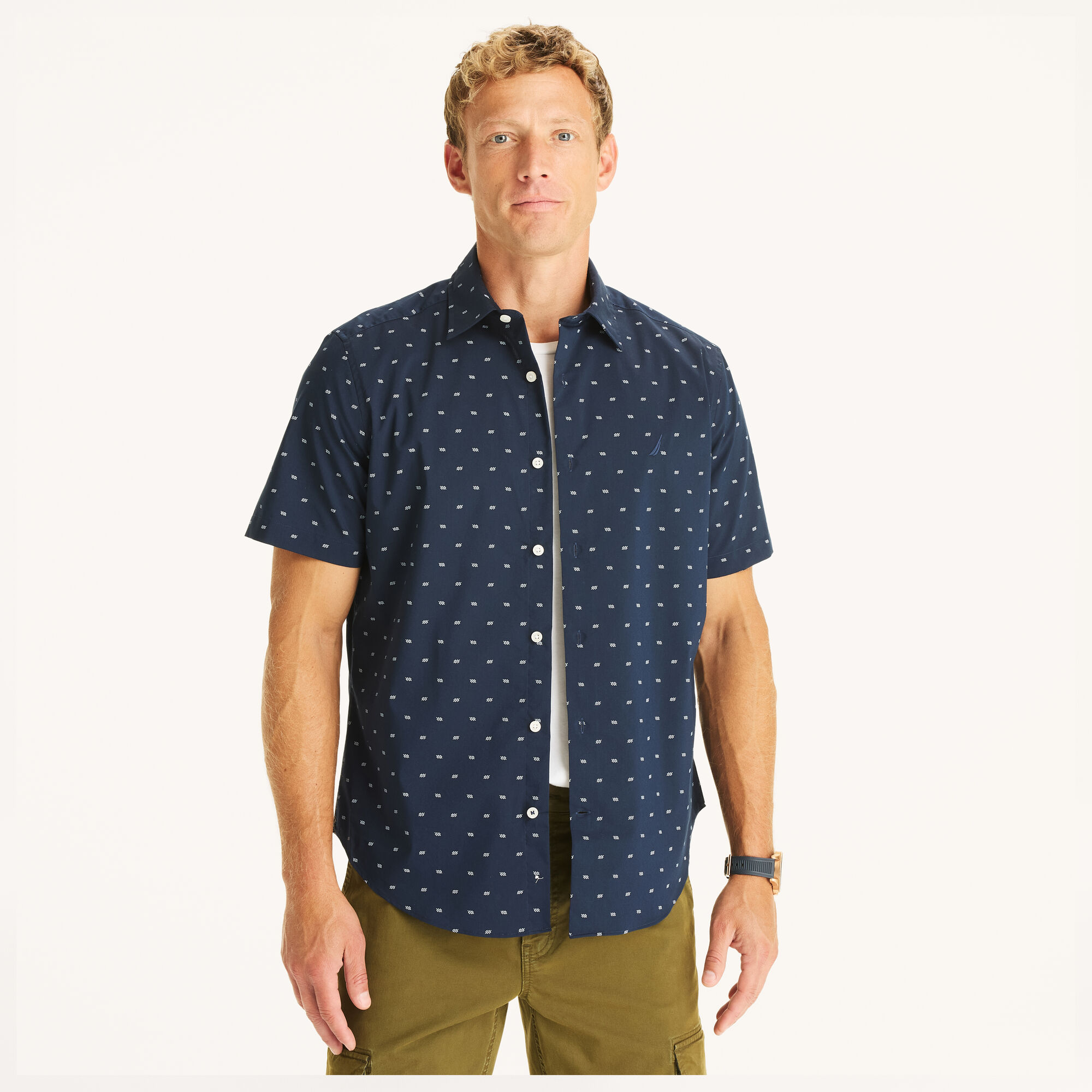 Nautica Men's Classic Fit Wrinkle-Resistant Printed Short-Sleeve Shirt 482 (Stellar Blue Heather), XS