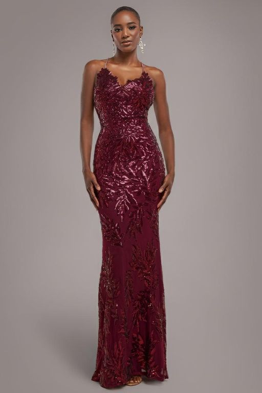Cross Back Diamante Strap Sequin Maxi - Red - Goddiva Dresses