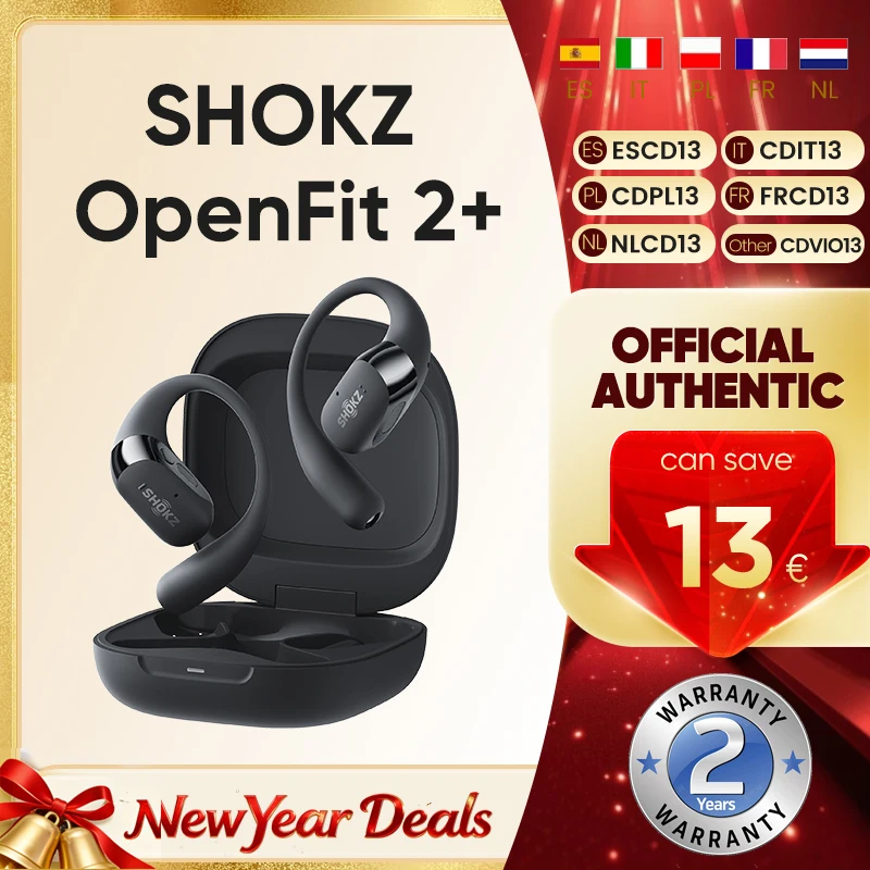 Casque audio ouvert SHOKZ OpenFit 2+ T921 avec Dolby Audio, Bluetooth 5.4 sans fil, micro intégré, autonomie de 48h, IP55, charge rapide