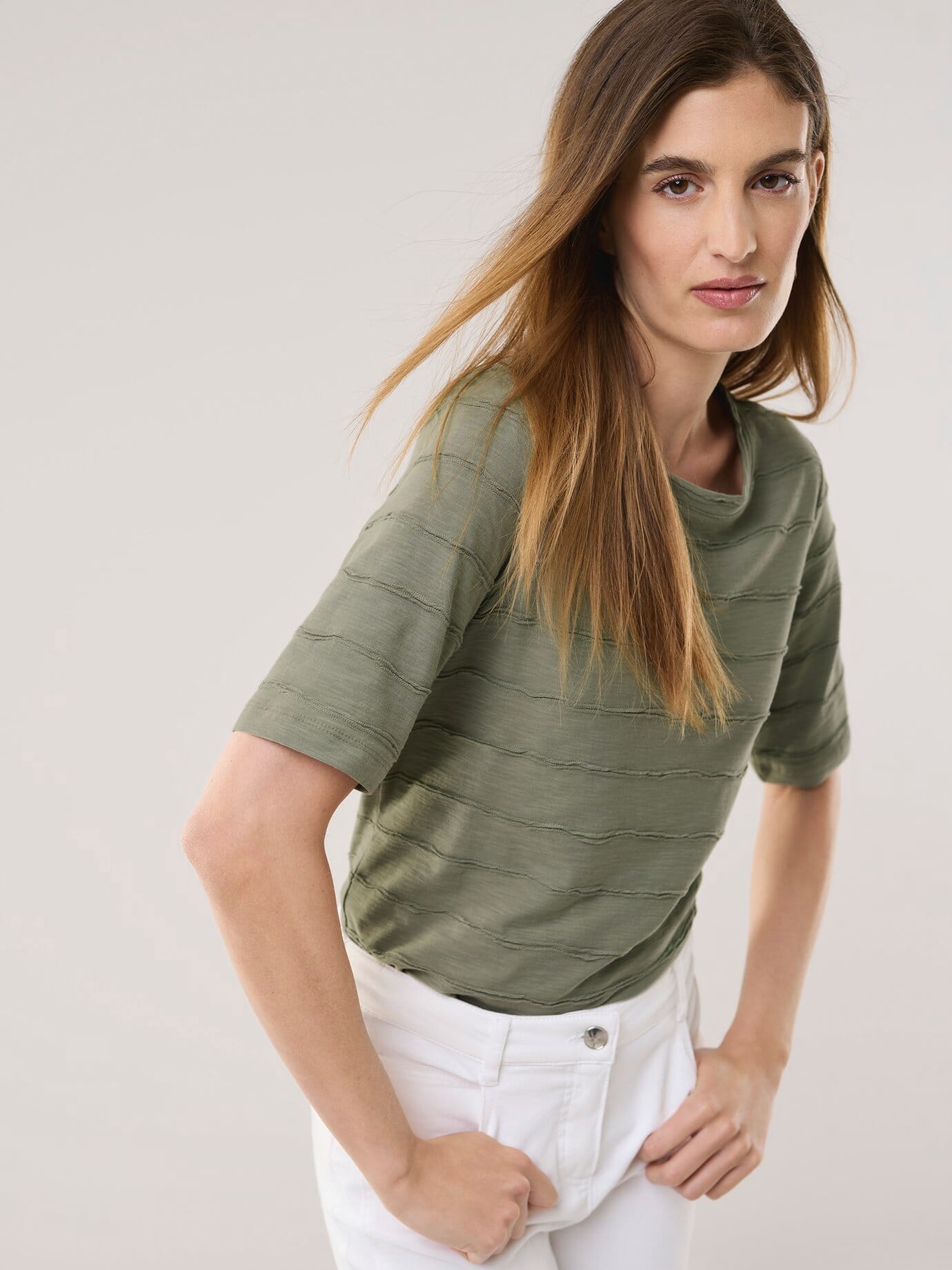 Walbusch Damen Baumwollshirt Streifenstruktur Grün gestreift