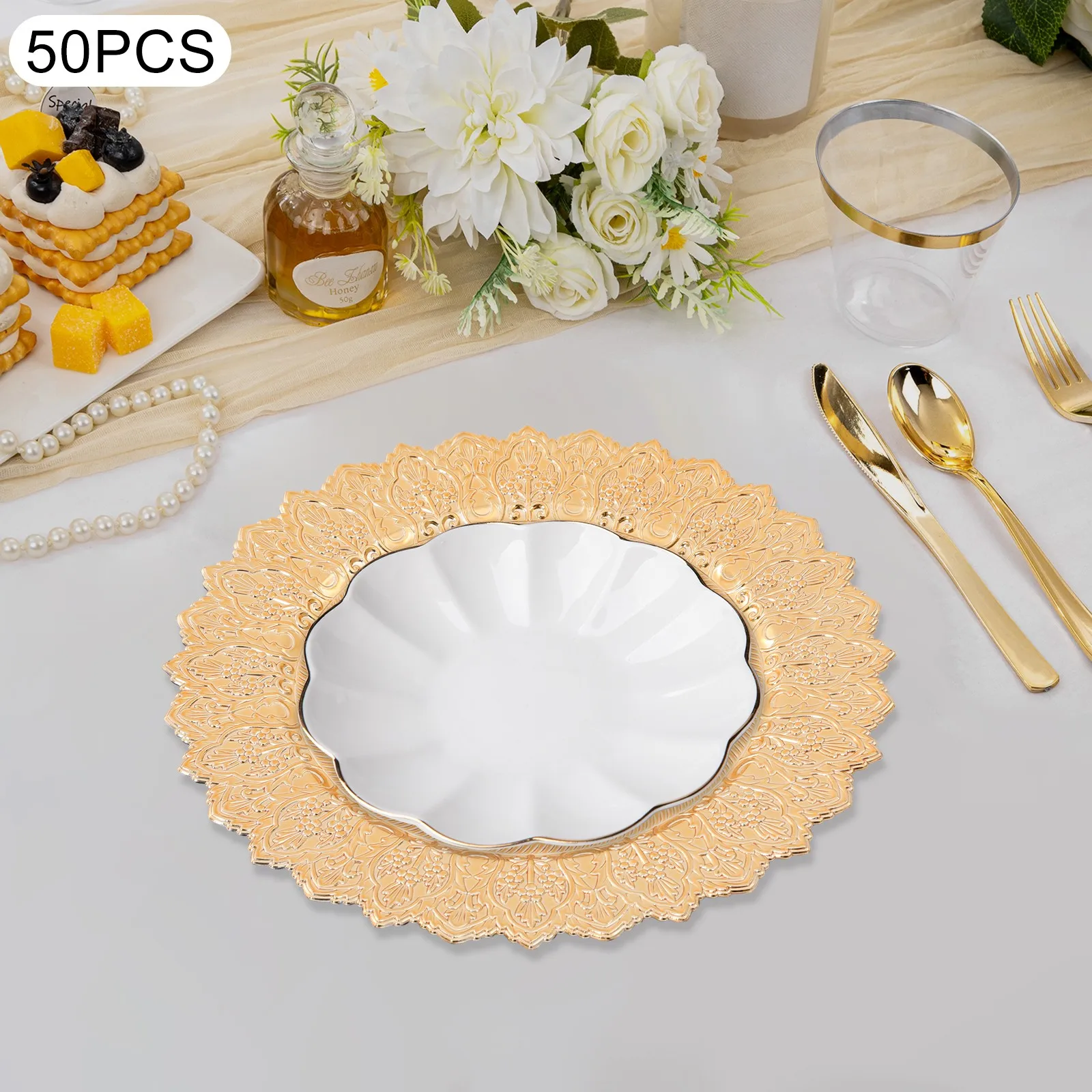 50 Stück runde, elegante, antike Abendessen-Ladeständer, 33 cm, stapelbare Aufbewahrung, für Hochzeitsfeier, Restaurants, Tischdekoration Image