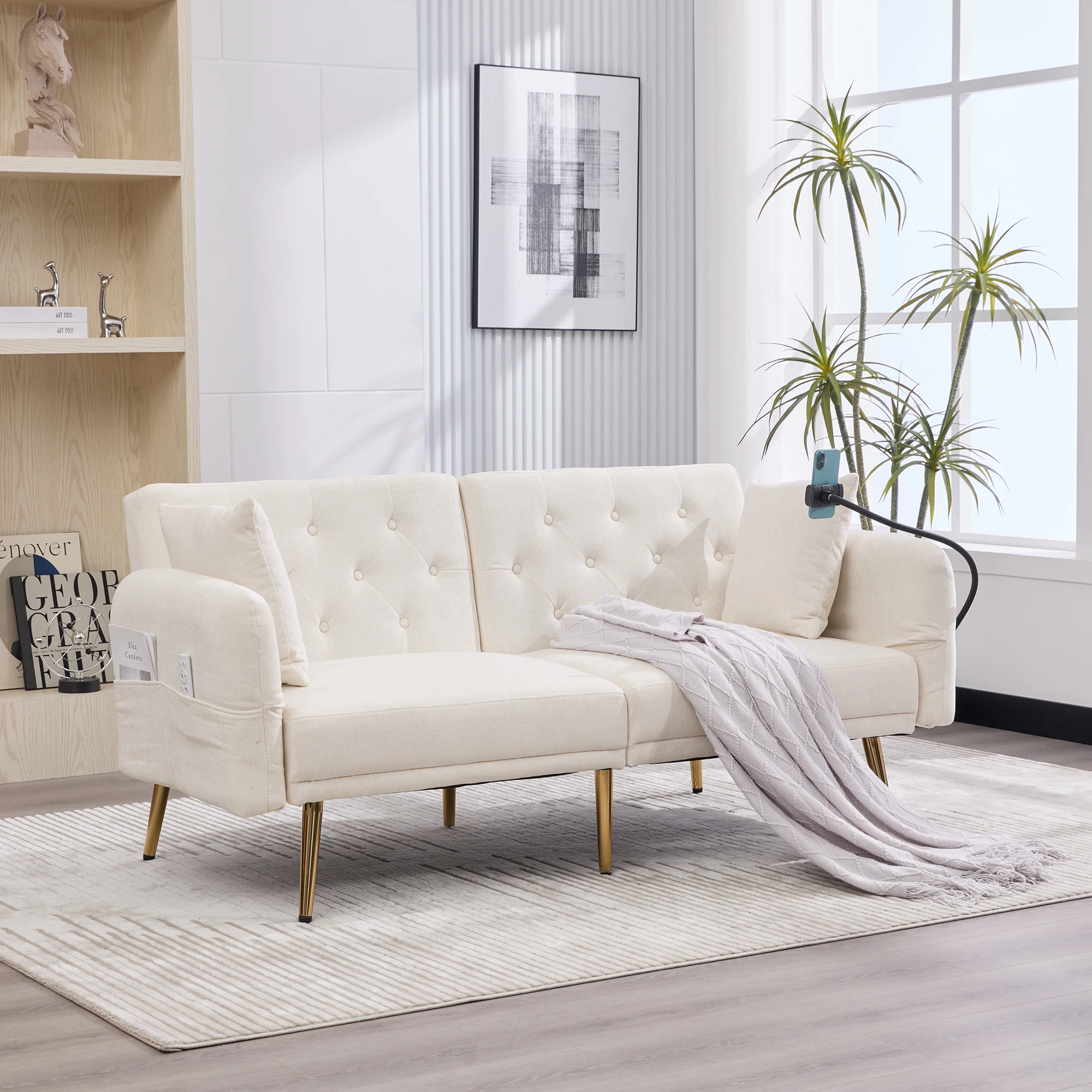 LVHOM Modernes Multifunktionales Schlafsofa 173×78×78cm | Verstellbare Rückenlehne, USB-Anschlüsse, Metallbeine, bequemes Zweisitzer-Sofa