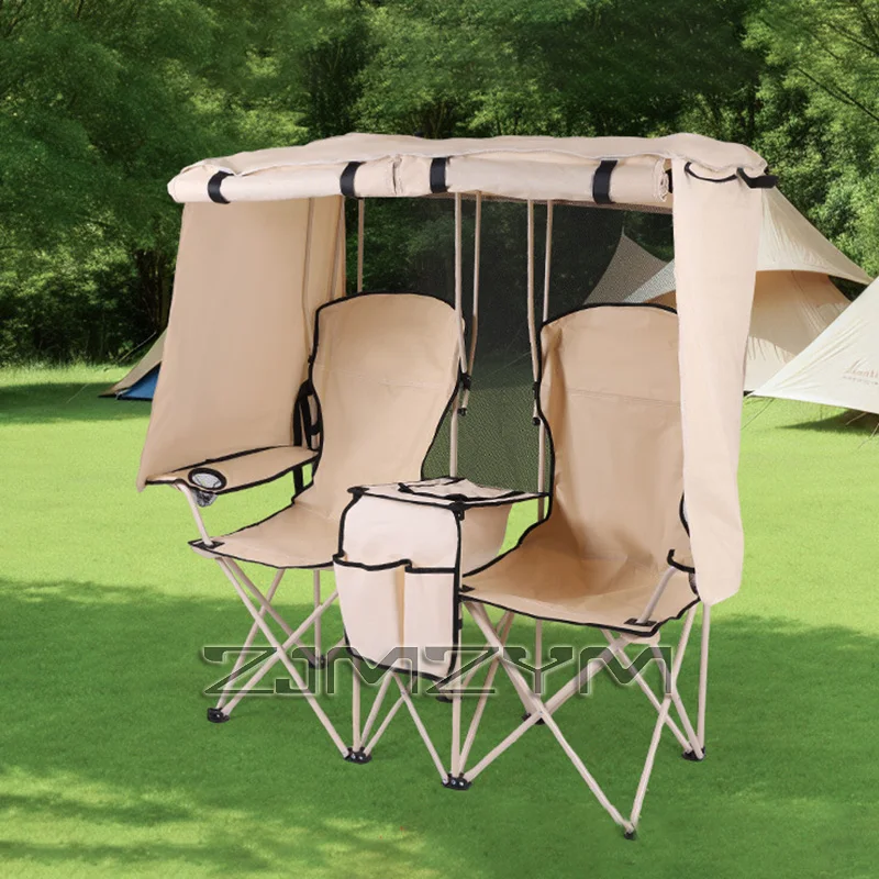Outdoor Camping Freizeit Doppel-Klappstuhl Angelstuhl Strandstuhl mit Integriertem Sonnenschutz Regenschutz Regiestuhl Image