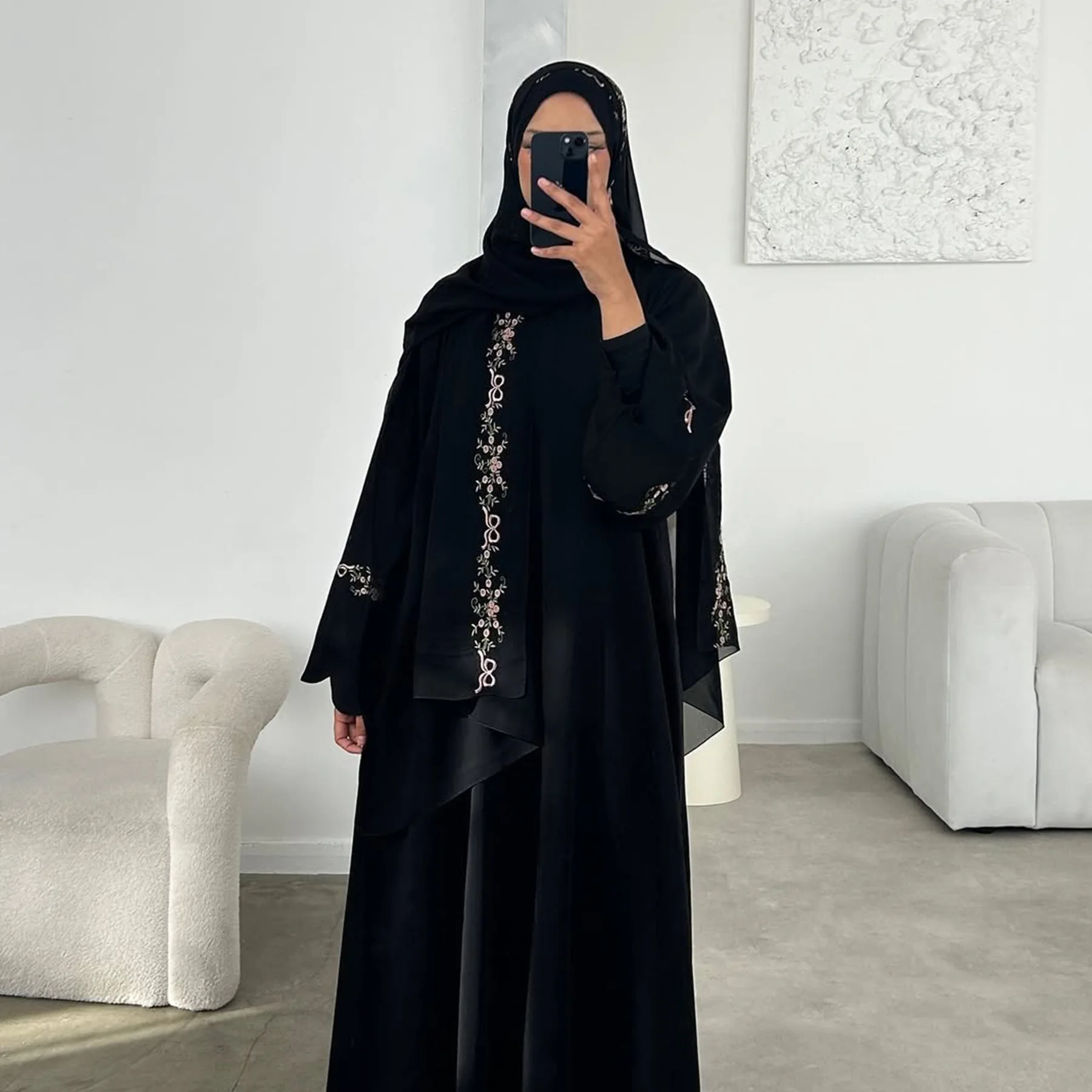 Herbst Neue Muslimische Abaya Set Islamische Kleidung Dubai Abaya und Hijab Stickerei Ärmeln 2 stücke Set Modest Offene Abaya Hijab anzug