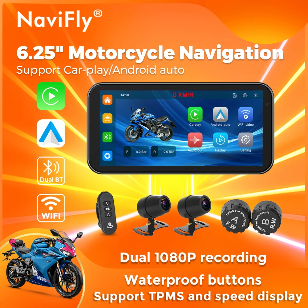 Navifly Tragbare 6,25 zoll IP67 Wasserdichte Motorrad GPS Navigation Drahtlose Carplay Android Auto Moto Monitor WIFI TPMS BT TF Image