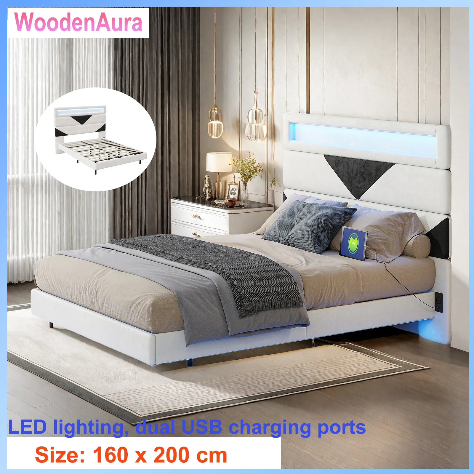 Bett 160x200 cm mit Lattenrost, LED-Lichtleiste, zwei USB-Ladeanschlüssen, Doppelbett, Bettgestell, Samt.