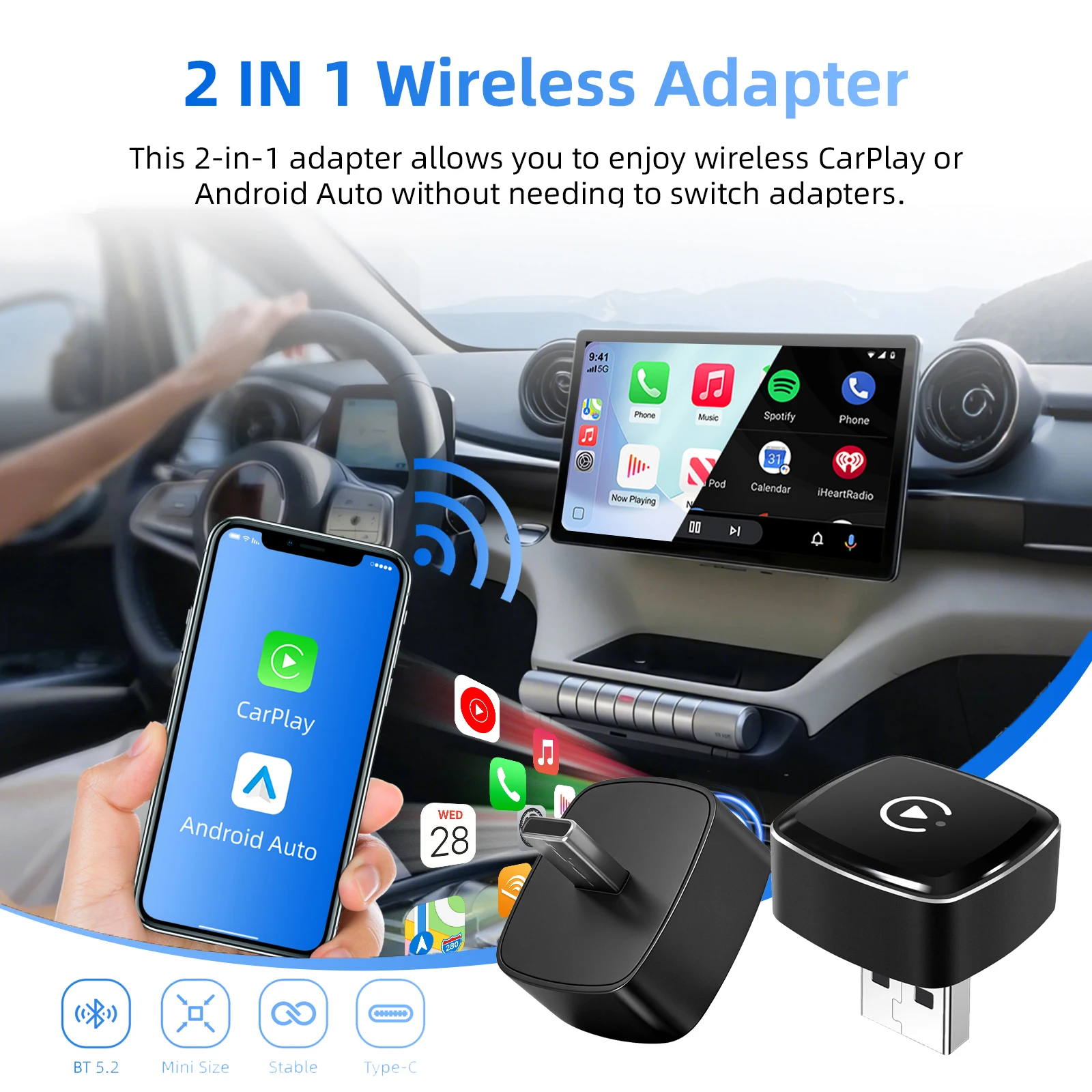 2026 2-in-1 ultrakompakter kabelloser CarPlay-Android-Auto-Adapter für kabelgebundene Autos vom Typ C/USB von Factory mit 5G WiFi BT5.0 Plug and Play Image