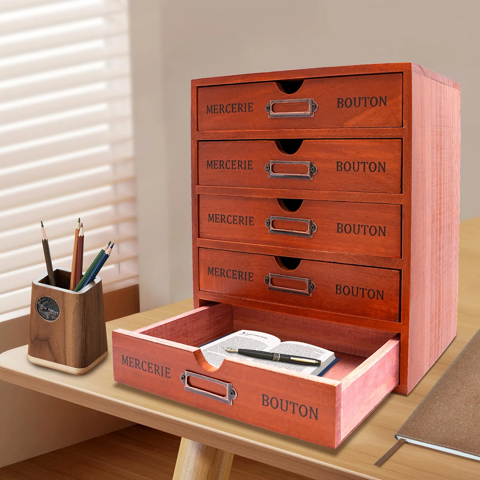 5-Schubladen Holz-Aufbewahrungsschrank Vintage Schreibtisch-Organizer mit Großer Kapazität Kiefernholz-Kommode für Kosmetik Wohndekoration
