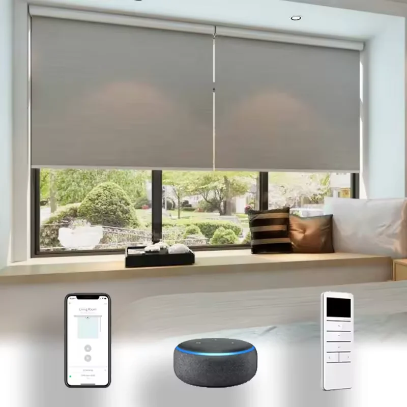 Smarte WLAN-Motorisierte Rollos - Kompatibel mit Tuya & Alexa. Vollständig Verdunkelnder Stoff für Schlafzimmer & Wohnzimmer. Fernbedienung & Sprachsteuerung Image