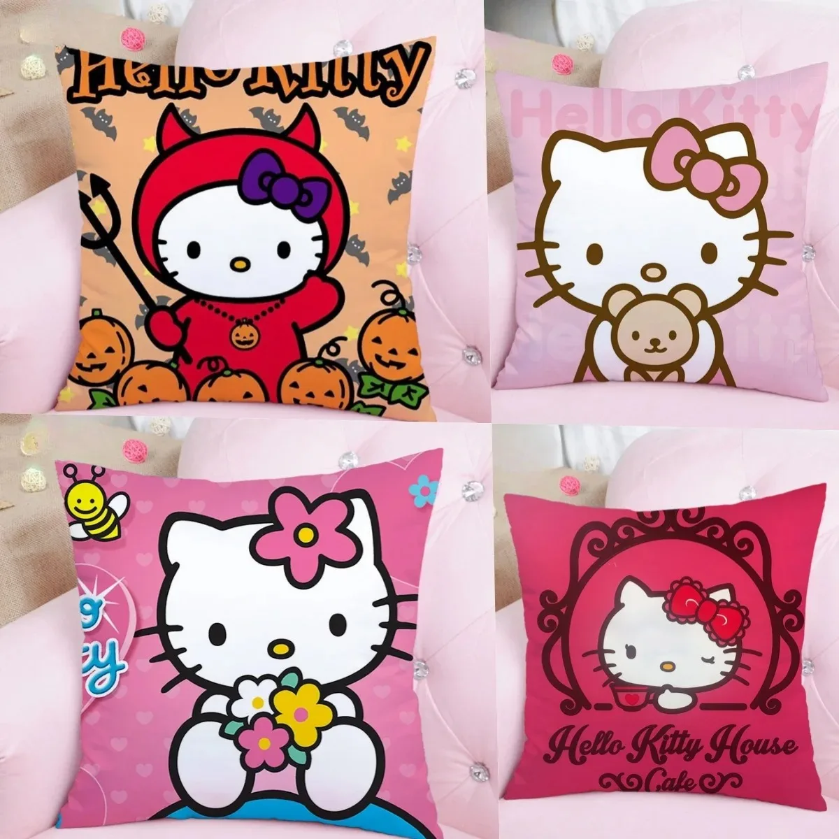 Sanrio Cartoon Hello Kitty Kissenbezug, Figur, Kitty-Druck, Sofa-Kissenbezug, Raumdekoration, Dekokissen, Halloween-Geschenk für Mädchen