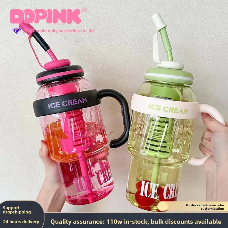 Outdoor Gut aussehende Sommer Kunststoff Tasse Milchig Tee Tasse Glück Bauch Tasse Nette Wind Gürtel Stroh Wasser Flasche Image