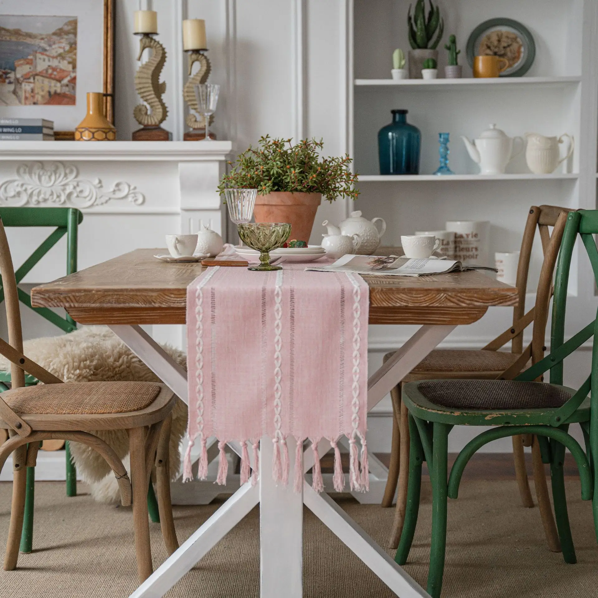 Ins Stil Einfarbig Hohl Wohnkultur Tisch Flagge Einfache TV Schrank Tee Tisch Abdeckung Handtuch Handgemachte Quaste Streifen Tisch Läufer Image