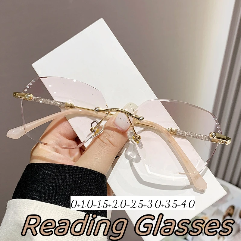 Luxus rosa Farbe randlose Lesebrille weibliche quadratische Rahmen Diamant schliff Presbyopie Anti-Blau Fernsicht Brillen für Frauen Image