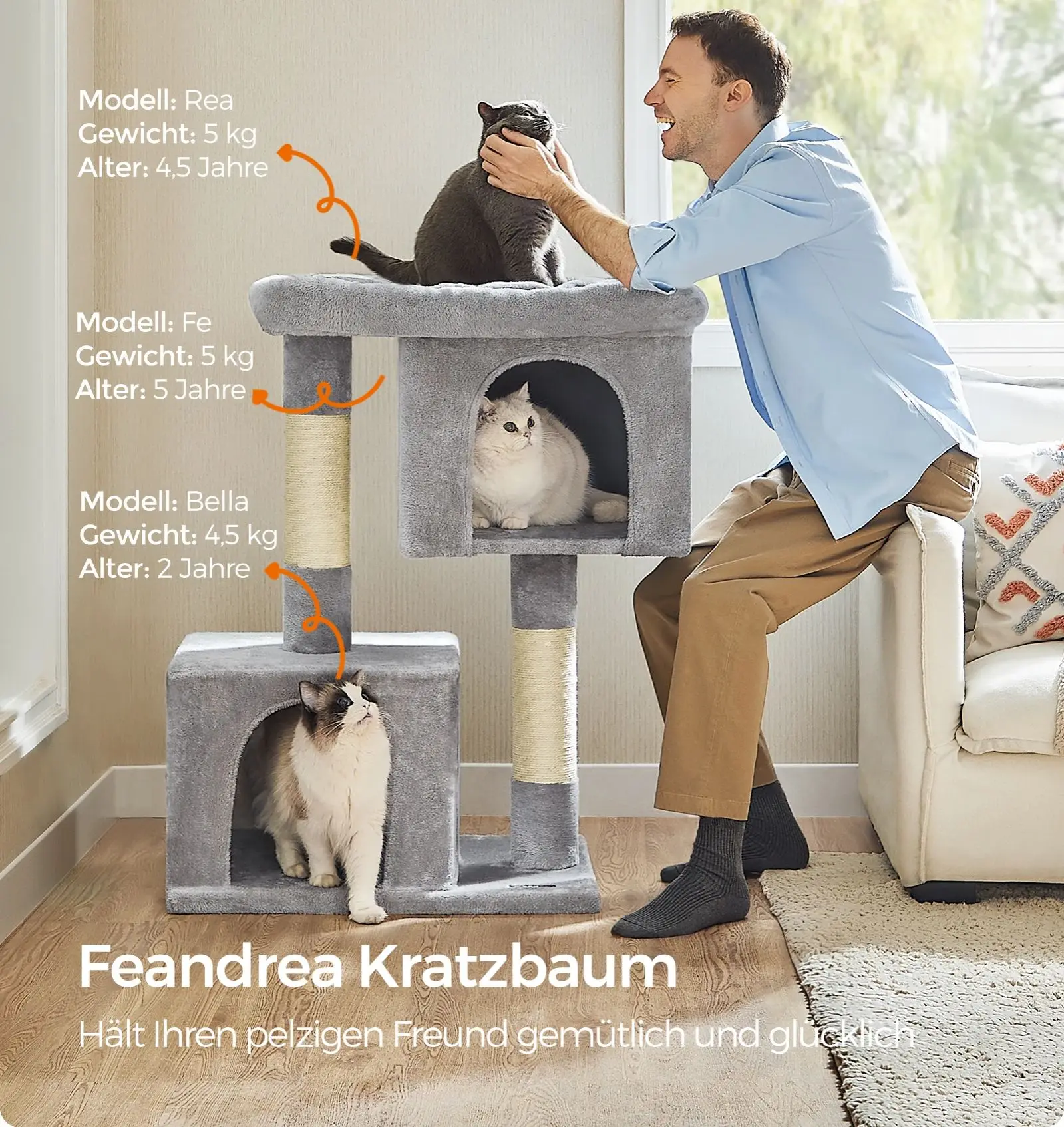FEANDREA Kratzbaum, Katzenbaum, Katzenhaus für große Katzen bis 20 kg, große Plattform, 2 Katzenhöhlen, Sisalstämme, hellgrau Image