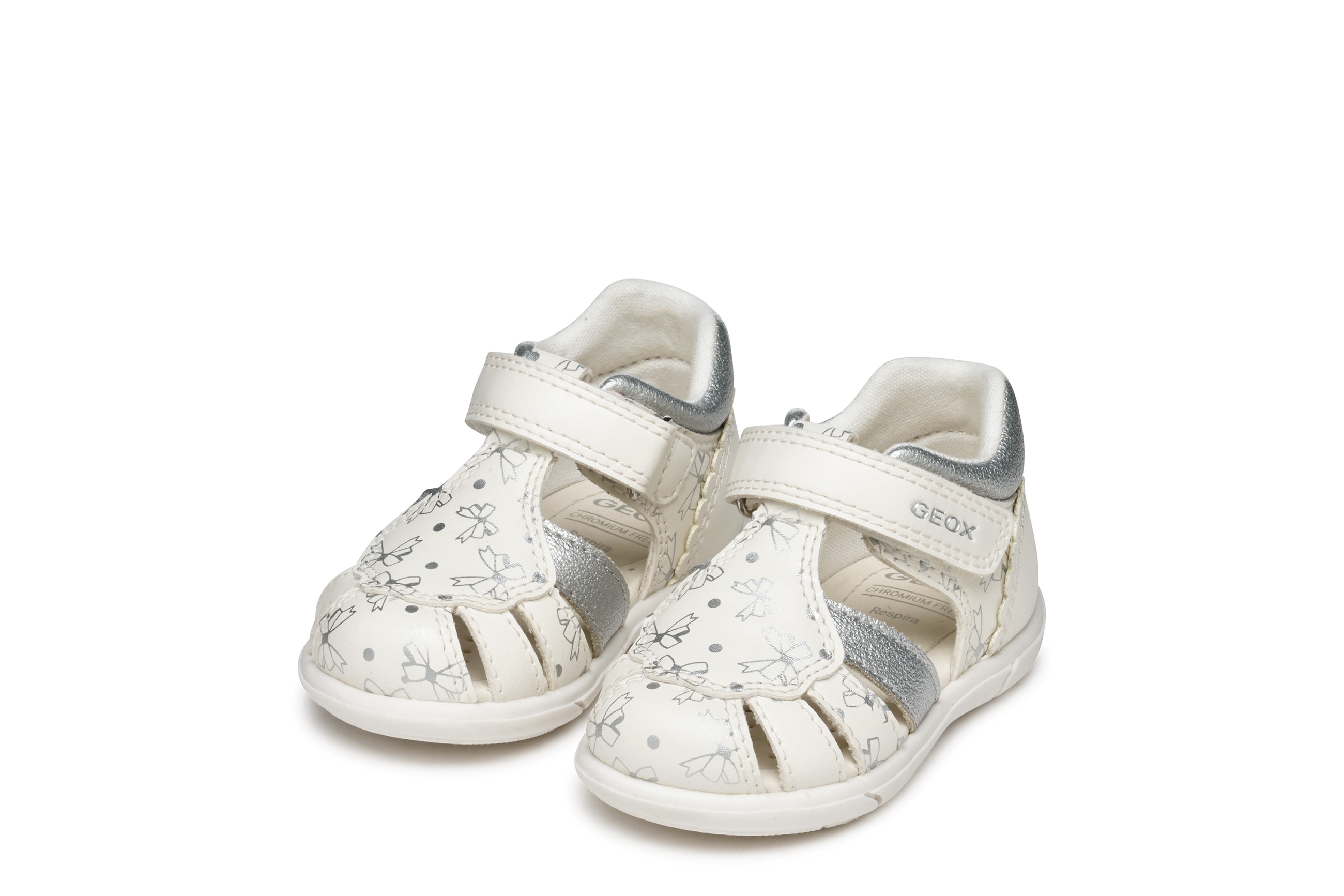 Lauflernschuh GEOX "B SANDAL ZAPITO GIRL", Baby, Gr. 22, weiß, silberfarben, Lederimitat, Schuhe Lauflernschuh, Babyschuh, Sommerschuh, Klettschuh, Größenschablone zum Download