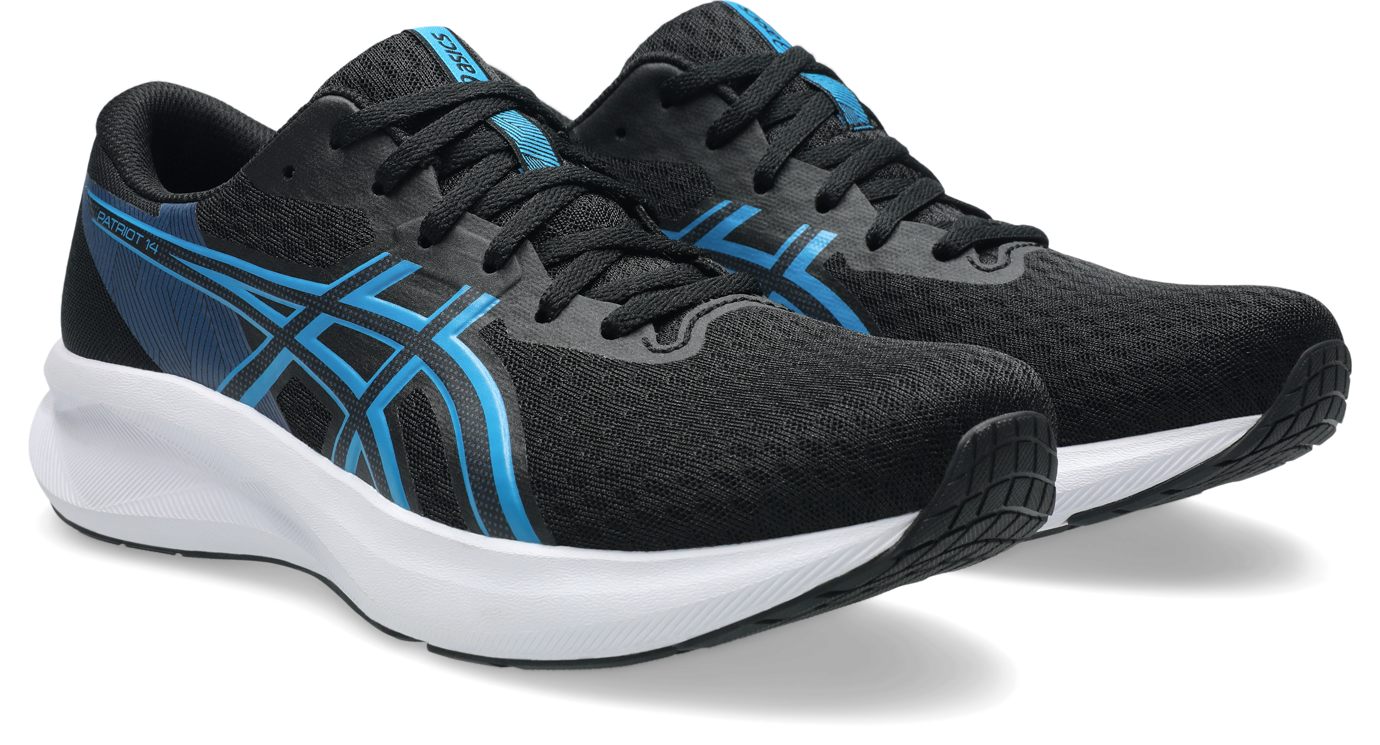 Laufschuh ASICS "PATRIOT 14", Herren, Gr. 45, schwarz, aegean blau, Synthetik, Schuhe Laufschuh