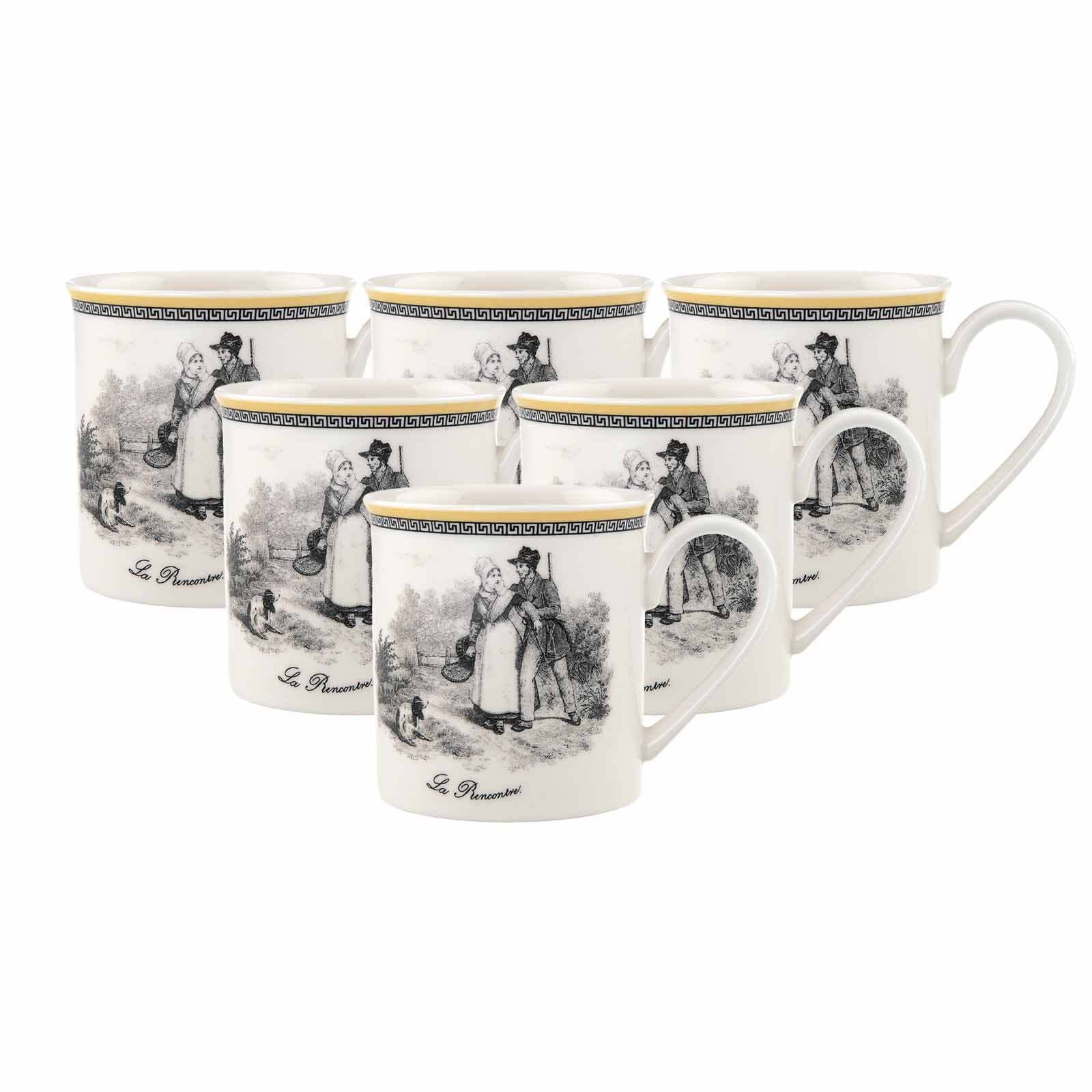 Becher VILLEROY & BOCH "Kaffeebecher Audun Chasse 300 ml 6er Set weiß-grau-gelb", bunt (weiß, grau, gelb), Porzellan, Trinkgefäße, Becher