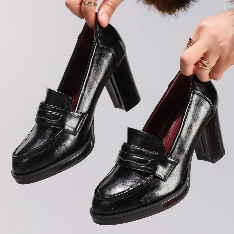 Black Patent Leather Chunky Heel Loafers Women Comfortable Soft Leather Designer Shoes British Style Commuter Office High Heels