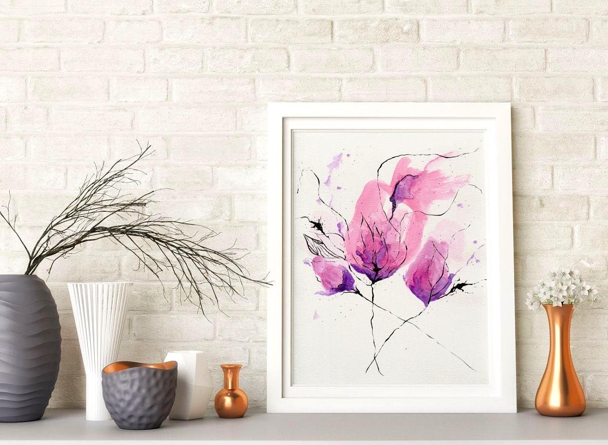 Stampa artistica da parete con fiori rosa astratti in acquerello, decorazione da parete originale, decorazione da parete rosa, decorazione da parete a