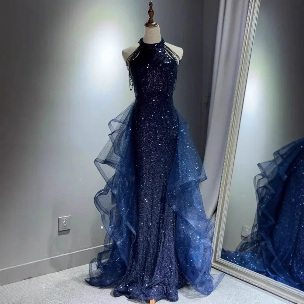 Elegante funkelnde marineblaue Abendkleider, Halt-Perlen-Partykleid, maßgeschneidertes Ballkleid 2025 Image