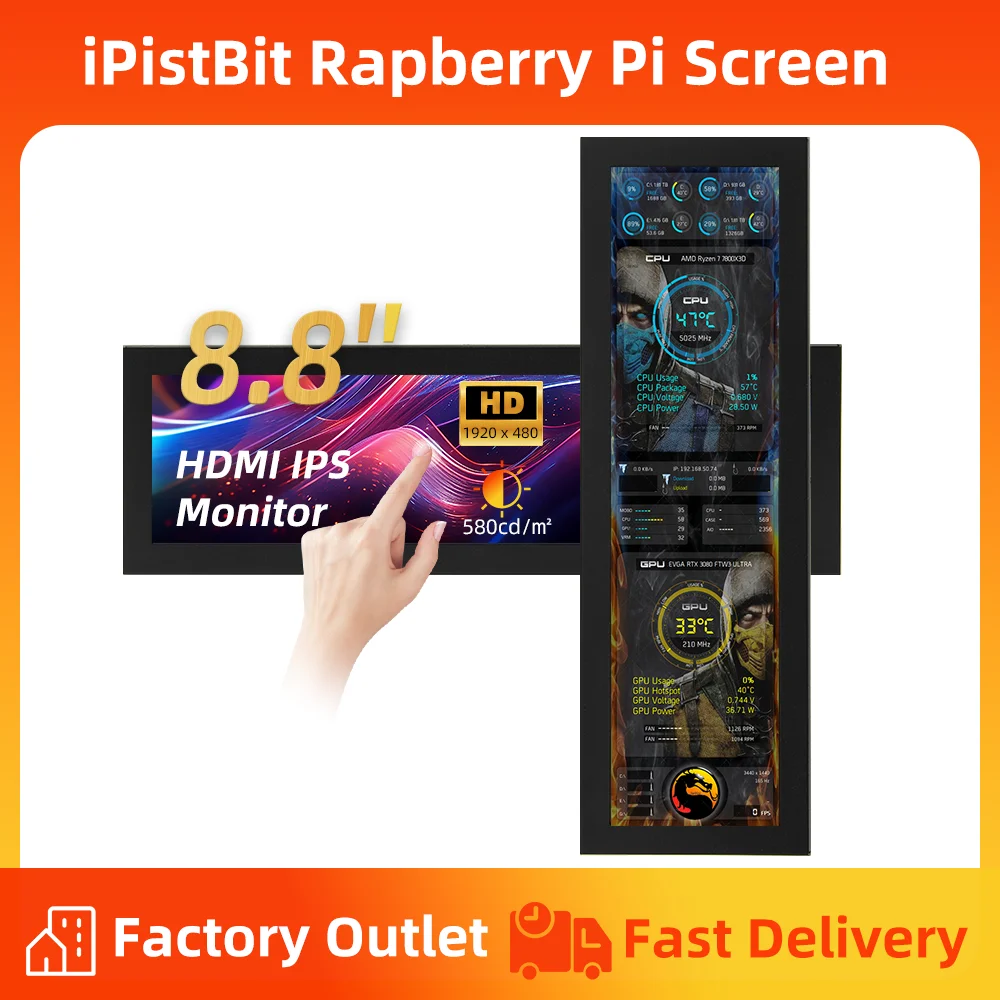 8,8 Zoll 1920 x 480 HDMI Sekundärbildschirm IPS LCD Display für PC Chassis CPU RAM GPU PC Gehäuse Monitor Display Image